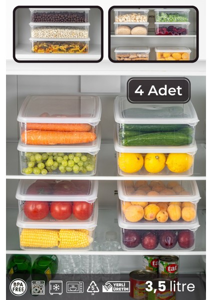4 Adet 3,5 Lt Sızdırmaz Göstergeli Dikdörtgen Saklama Kabı Seti Şeffaf fiyatları