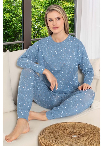Kadın Renkli Yıldız Desen Uzun Kol Pijama Takımı 240977 Mavi fırsatları