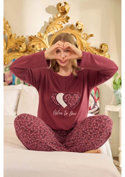 Büyük Beden Termal Kadın Uzun Kol Pijama Takımı 240678 Mürdüm modelleri