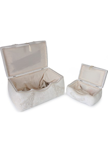 Kadife Işlemeli Söz Nişan Düğün Çeyizlik Gelin Bohça Sandık Seti (Büyük+Küçük) - Krem indirimleri