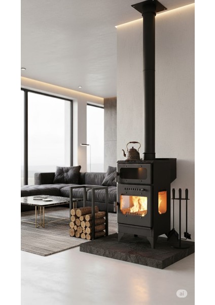 Peletli ve Odunlu Kalın Sac Kaliteli Otantik Şömine 10 kg Pelet Kapasiteli Şömine