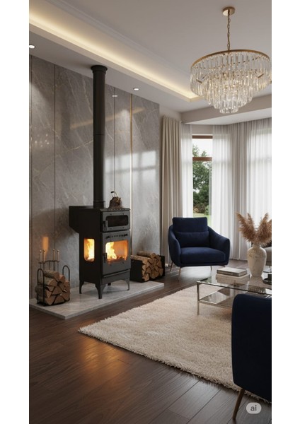 Peletli ve Odunlu Kalın Sac Kaliteli Otantik Şömine 10 kg Pelet Kapasiteli Şömine fırsatları