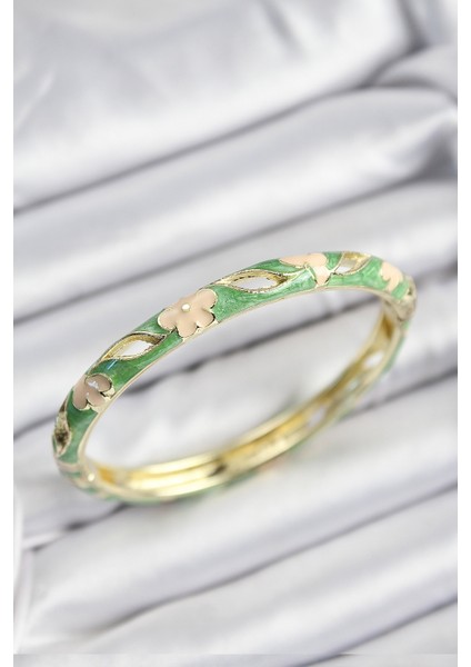 Mineli Pirinç Yeşil ve Krem Çiçek Motifli Gold Renk Kadın Kelepçe - TJ-BB7371