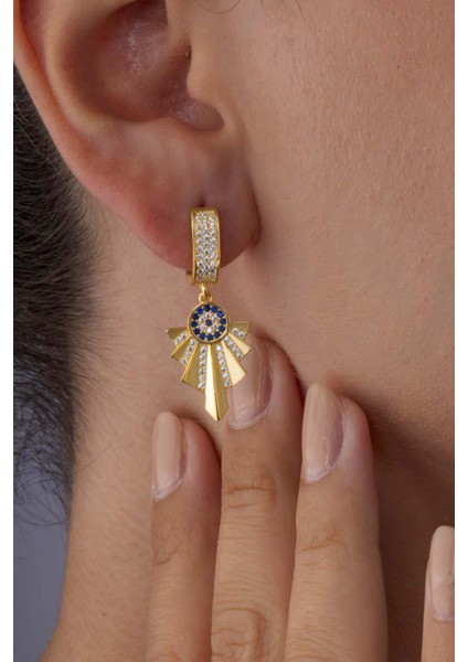 Özel Tasarım Altın Kaplama Nazar Boncuklu Gümüş Küpe