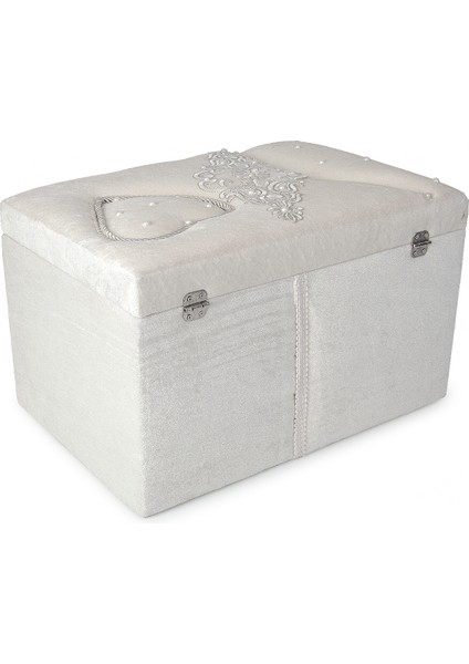Kadife Kalpli Desenli Söz Nişan Düğün Çeyizlik Gelin Bohça Sandık Seti (Büyük+Küçük) - Krem indirimleri
