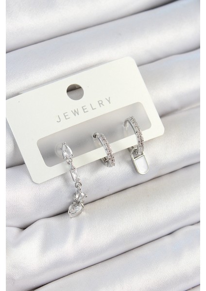 Pirinç Zirkon Taşlı Sallantılı Model Gümüş Renk 3'lü Çift Kadın Küpe Set - TJ-BKP10787