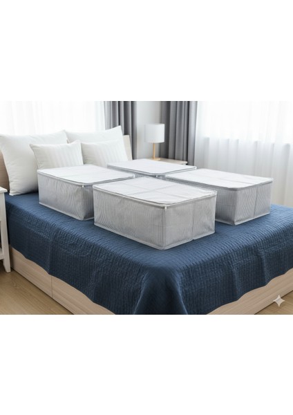 4'lü Gri Çizgili Büyük Baza Altı & Çekyat Tipi Tela Hurç 65X45X22 cm – Fermuarlı Saklama ve Düzenleme Hurcu
