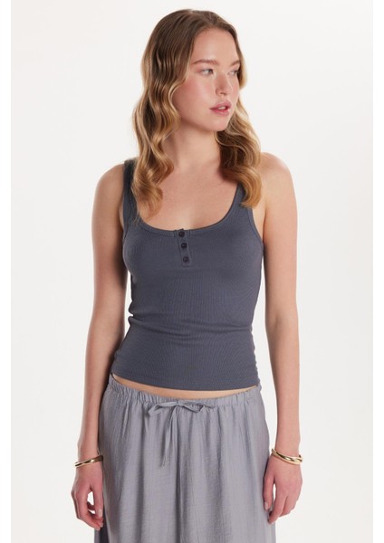 Kadın Modal Kumaş Standart Fit Ince Askılı U Yaka Düğmeli Antrasit Body Atlet