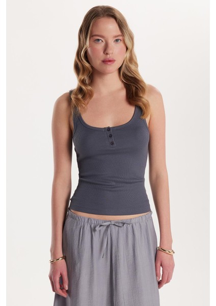 Kadın Modal Kumaş Standart Fit Ince Askılı U Yaka Düğmeli Antrasit Body Atlet fırsatları