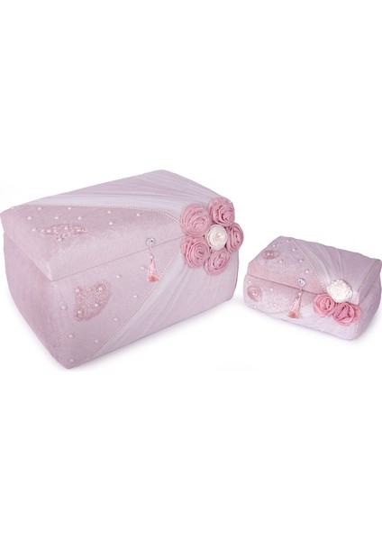 Kadife Süngerli Güllü Dantelli Söz Nişan Düğün Çeyizlik Gelin Bohça Sandık Seti (Büyük+Küçük) - Pudra