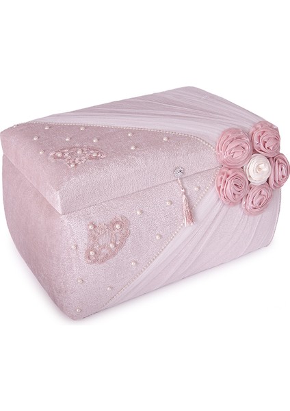 Kadife Süngerli Güllü Dantelli Söz Nişan Düğün Çeyizlik Gelin Bohça Sandık Seti (Büyük+Küçük) - Pudra fiyatları