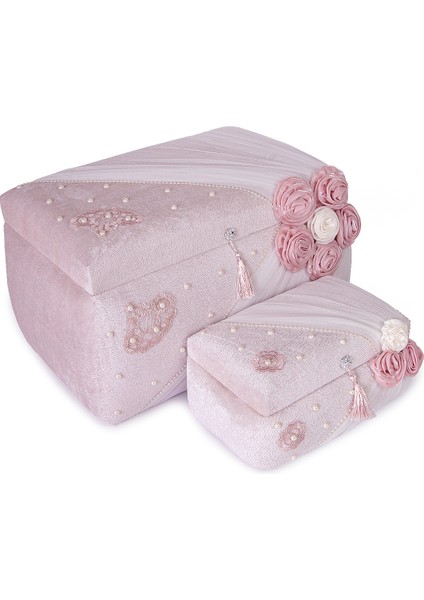 Kadife Süngerli Güllü Dantelli Söz Nişan Düğün Çeyizlik Gelin Bohça Sandık Seti (Büyük+Küçük) - Pudra indirimleri