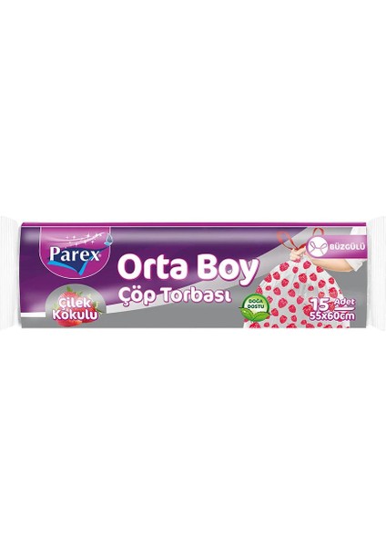 Premium Büzgülü Çöp Torbası Çilek Kokulu Orta Boy 15'li 55 x 60 cm