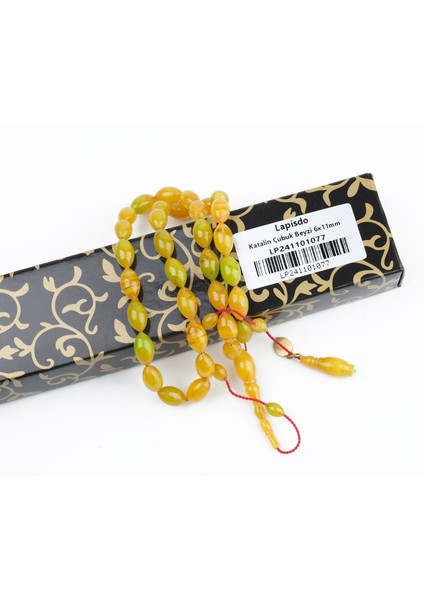 Katalin Dinlenmiş Çubuk Usta Işi Imzalı Beyzi Kesim 6X11MM Tesbih -Hareli Sarı