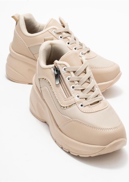Kadın Fermuarlı Bağcıklı Spor Ayakkabı; Bej