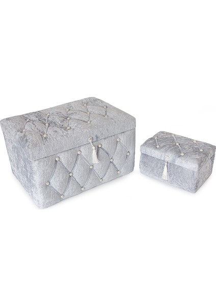 Kadife Kapitone Söz Nişan Düğün Çeyizlik Gelin Bohça Sandık Seti (Büyük+Küçük) - Gri