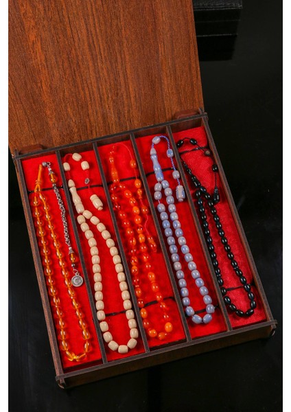 Ahşap Kutusunda Usta Işçilikli 5'li Bilek Sıkma Kehribar Set