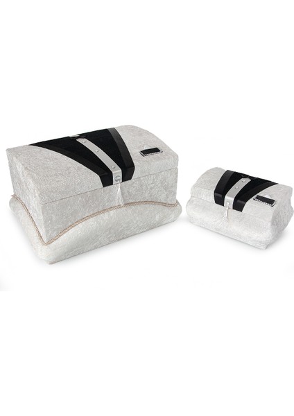 Kadife Süngerli Şeritli Söz Nişan Düğün Çeyizlik Gelin Bohça Sandık Seti (Büyük+Küçük) - Krem/siyah