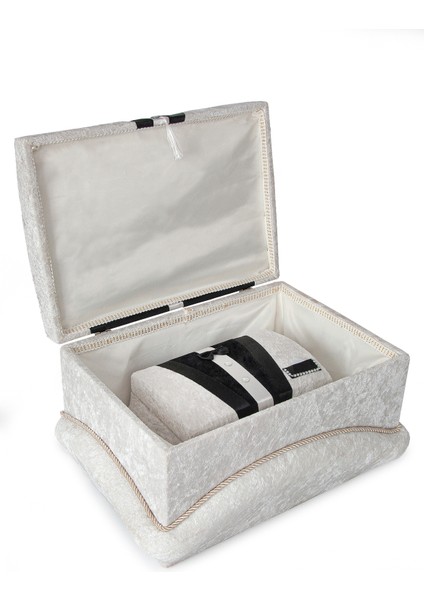 Kadife Süngerli Şeritli Söz Nişan Düğün Çeyizlik Gelin Bohça Sandık Seti (Büyük+Küçük) - Krem/siyah modelleri