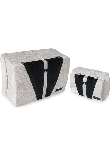 Kadife Süngerli Şeritli Söz Nişan Düğün Çeyizlik Gelin Bohça Sandık Seti (Büyük+Küçük) - Krem/siyah indirimleri