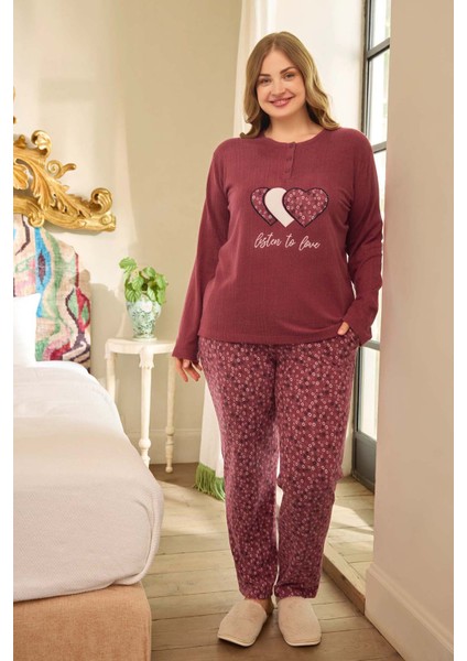 Büyük Beden Termal Kadın Uzun Kol Pijama Takımı 240678 Mürdüm fiyatları