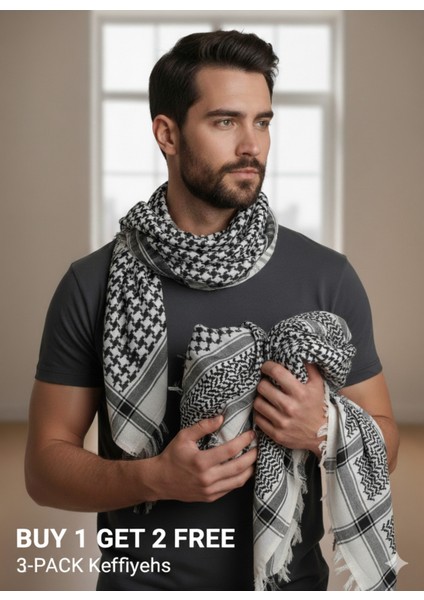 Lot 3lü Kadın Erkek Puşi Filistin Siyah Beyaz Kefiye Model Kare Puşi