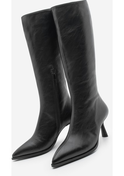 Kadın Sivri Burun Yarım Fermuarlı Ince Topuklu Çizme Lavisa Siyah