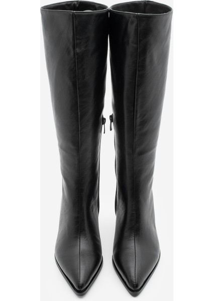 Kadın Sivri Burun Yarım Fermuarlı Ince Topuklu Çizme Lavisa Siyah