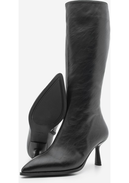 Kadın Sivri Burun Yarım Fermuarlı Ince Topuklu Çizme Lavisa Siyah
