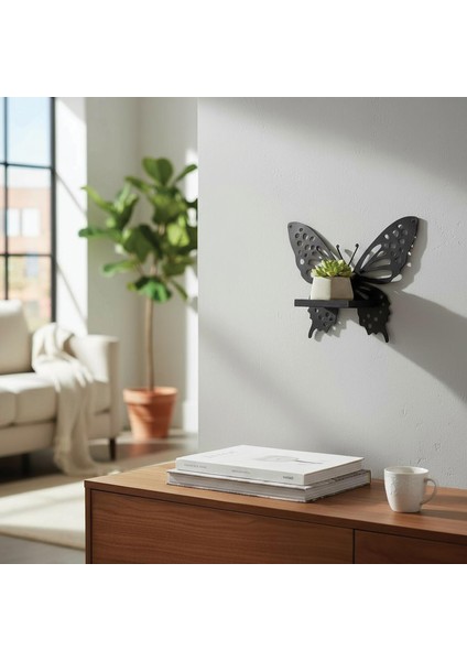 Kelebek Temalı Duvar Rafı Mumluk Model 1 Siyah