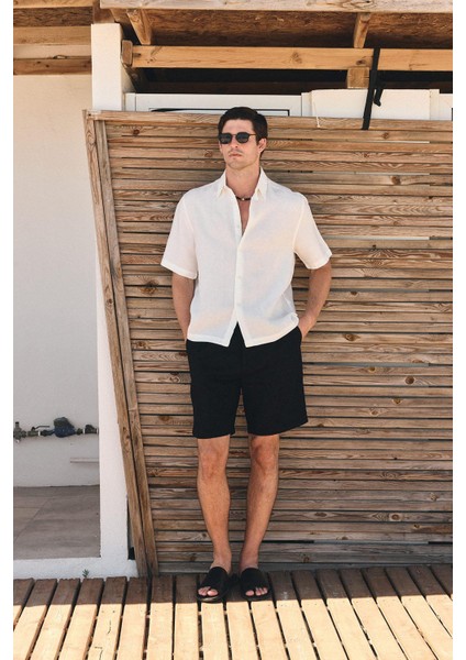 Beyaz 100% Keten Relaxed Erkek Gömlek