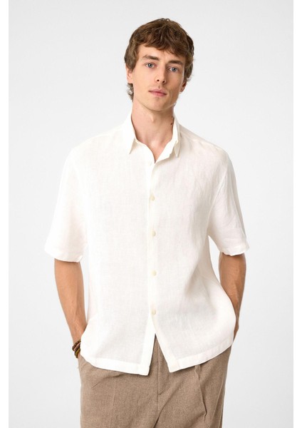 Beyaz 100% Keten Relaxed Erkek Gömlek modelleri
