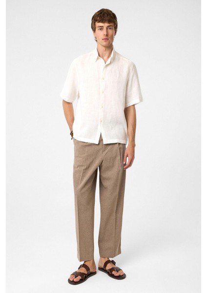 Beyaz 100% Keten Relaxed Erkek Gömlek fırsatları