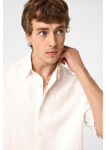 Beyaz 100% Keten Relaxed Erkek Gömlek