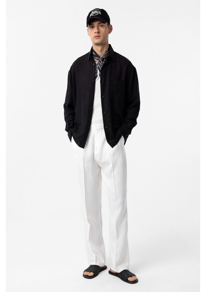 Siyah Keten Karışımlı Relax Fit Erkek Gömlek fiyatları