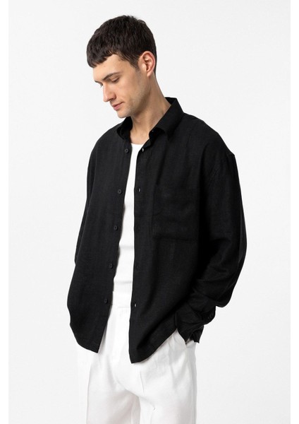 Siyah Keten Karışımlı Relax Fit Erkek Gömlek modelleri