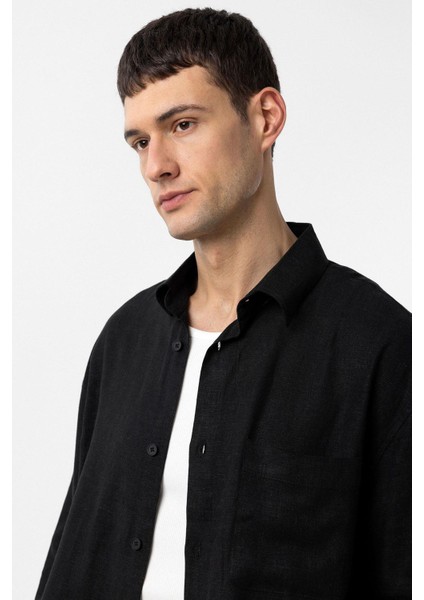 Siyah Keten Karışımlı Relax Fit Erkek Gömlek fırsatları
