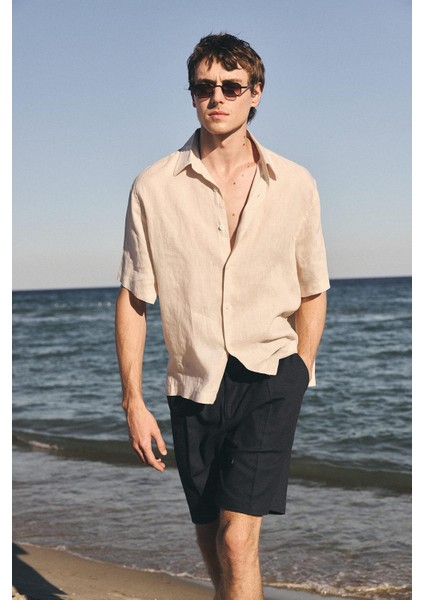 Bej 100% Keten Relaxed Erkek Gömlek