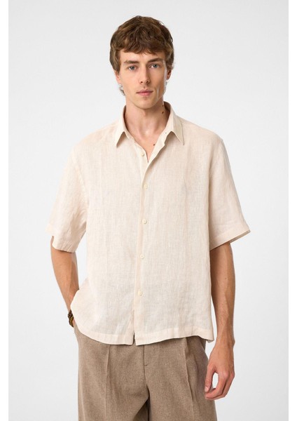 Bej 100% Keten Relaxed Erkek Gömlek fiyatları