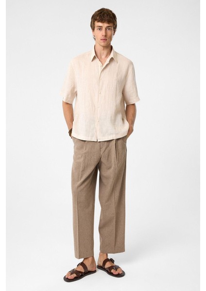 Bej 100% Keten Relaxed Erkek Gömlek modelleri