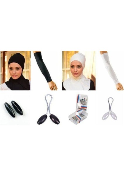 2 Adet Boyunluklu Bone Siyah Beyaz 2 Çift Koluk Beyaz Siyah Eşarp Ignesi Seti