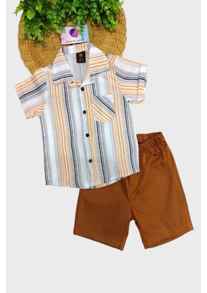 Erkek Çocuk Renkli Çizgili Yazlık Kısa Kollu Gömlek Saten Şortlu 2li Takım Bayramlık Takım/tam Kalıp