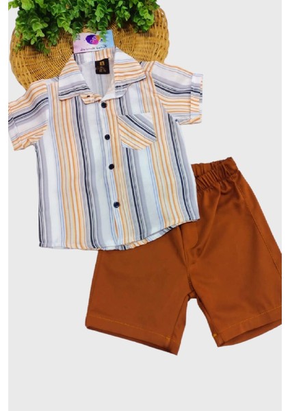 Erkek Çocuk Renkli Çizgili Yazlık Kısa Kollu Gömlek Saten Şortlu 2li Takım Bayramlık Takım/tam Kalıp fiyatları