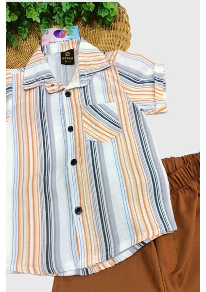 Erkek Çocuk Renkli Çizgili Yazlık Kısa Kollu Gömlek Saten Şortlu 2li Takım Bayramlık Takım/tam Kalıp modelleri