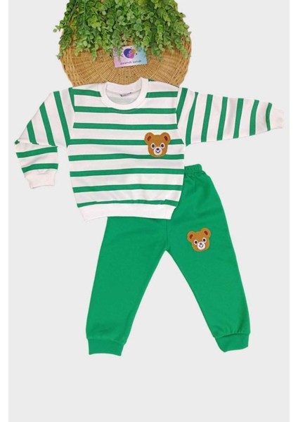 1-9 Yaş Çocuk Takım Ayıcıklı Nakışlı 2iplik Şardonlu Mevsimlik Alt Üst Ikili Unısex Yan Çizgili