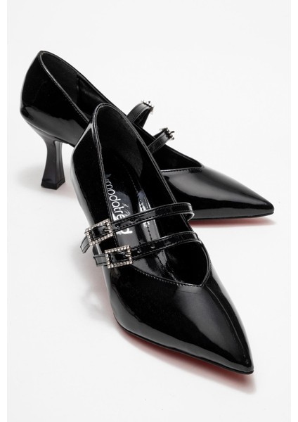 Kadın 2 Biyeli Topuklu Ayakkabı; Siyah Rugan