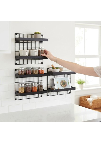 3'lü 33X33 Dekoratif Hasır Tel Duvar Paneli 6 Raflı Siyah