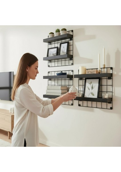 3'lü 33X33 Dekoratif Hasır Tel Duvar Paneli 6 Raflı Siyah modelleri