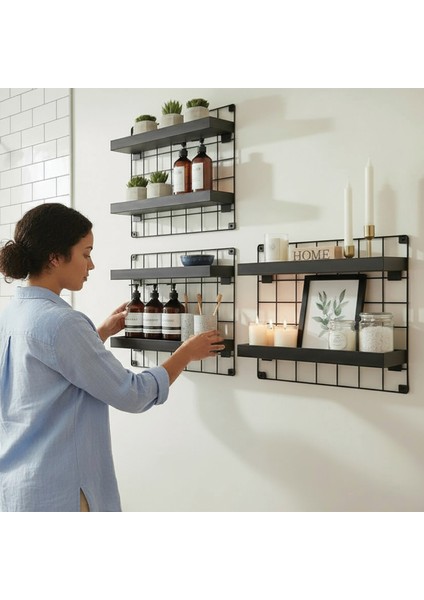 3'lü 33X33 Dekoratif Hasır Tel Duvar Paneli 6 Raflı Siyah fırsatları