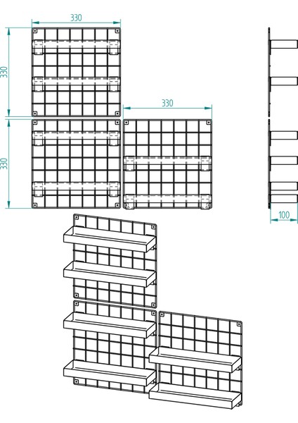 3'lü 33X33 Dekoratif Hasır Tel Duvar Paneli 6 Raflı Siyah